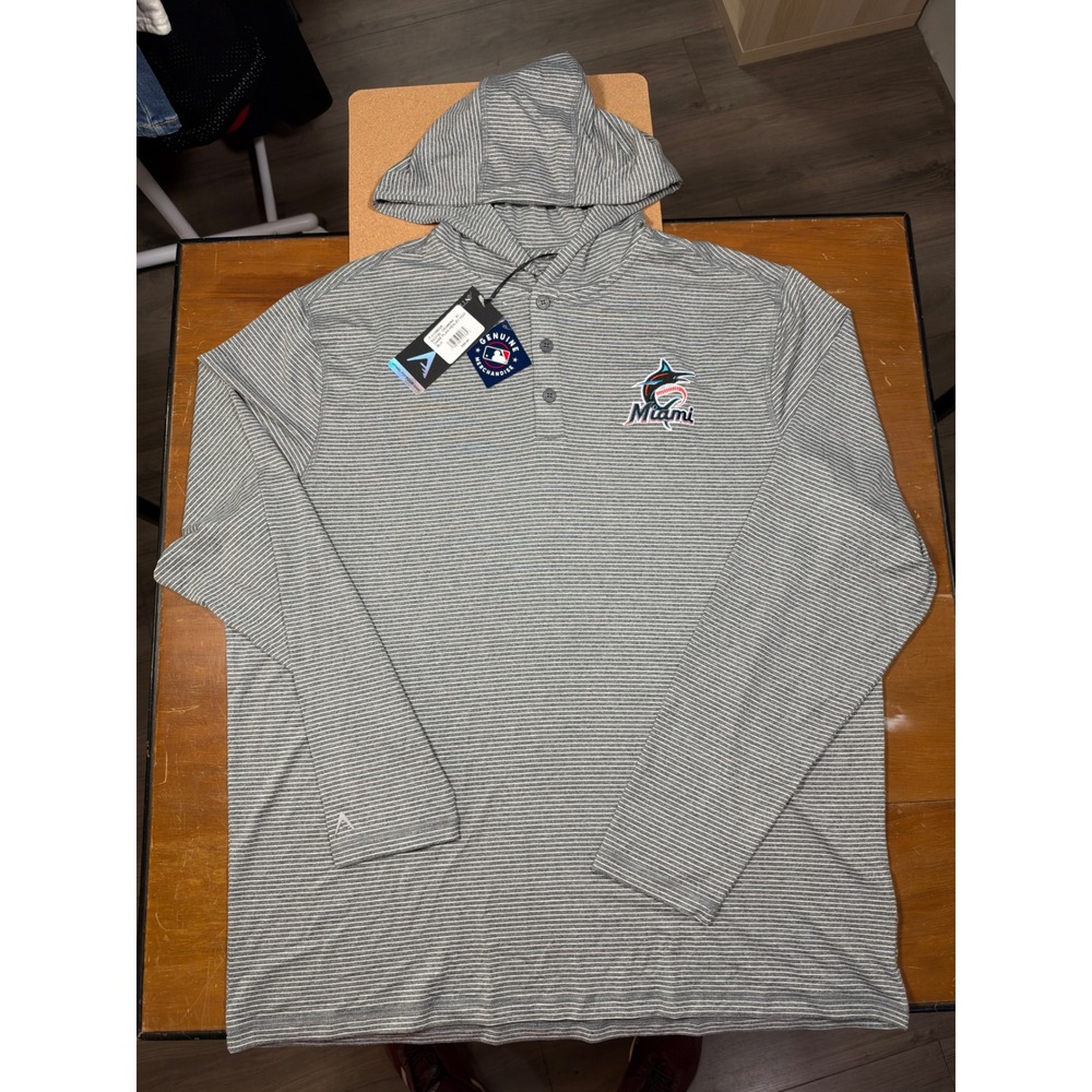 NWT Antigua Miami Marlins Henley Hoodie Mens XL Grey Striped Long Sleeve 105366